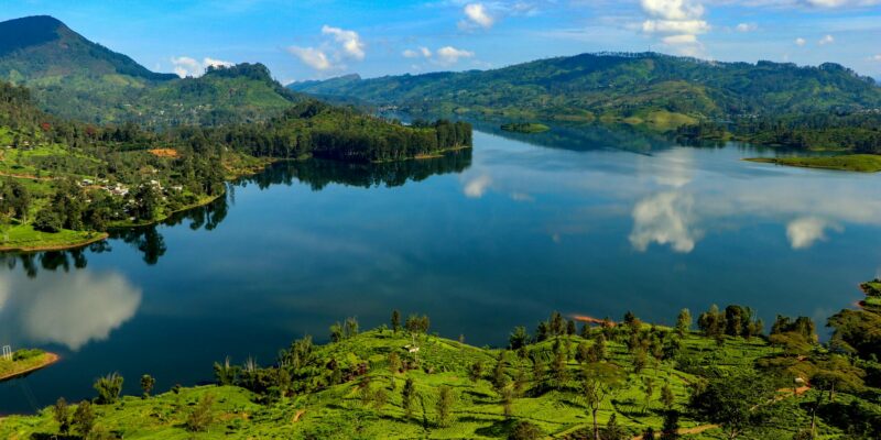 Vibrant panoramic view of Castlereagh Reservoir reflecting blue skies, surrounded by lush green tea estates in Hatton, Sri Lanka.